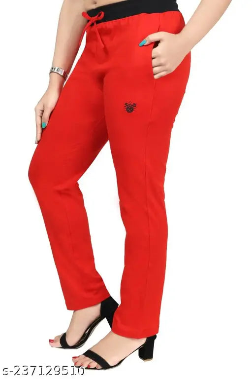 Alarm Red Women's 100% Cotton Plain/Solid Pyjama/Joggers/Track Pants for Sleepwear, Lounge Wear, Gym, Sports, Workout and Yoga with Side Pockets