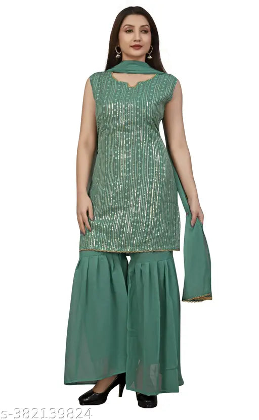 Shine Bright: Georgette Sequin Work Kurta Sharara with Duptta Set for Party, Festive, and Wedding