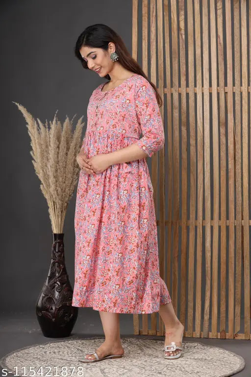 Women's Pure Cotton Floral Printed Maternity Gown/Maternity Wear/Feeding Gown A-line Maternity Feeding Dress Maternity Kurti Gown for Women