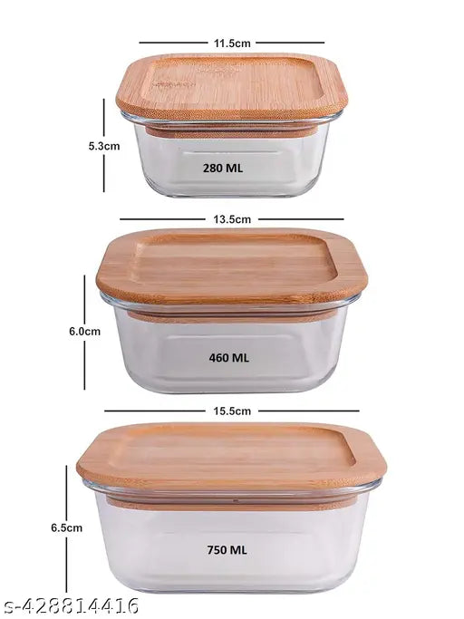 Premium Leakproof Glass Food Containers with Air Tight Wooden Lids Set of 3 (280ml, 460ml, 750ml) | Eco-Friendly Glass Food Storage with Wooden Lid Containers Pack of 3