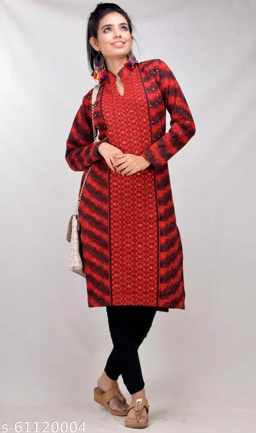 Women's Straight Printed Red Woollen Kurti