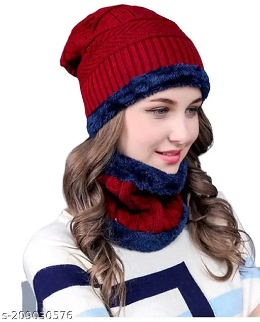 Woolen Beanie Cap Unisex Plus Muffler Scarf Set for Men Women Girl Boy - Warm, Snow Proof - 20 Degree Temperature