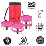 Granify Lunch Box with 5 Stainless Steel Containers and Lunch Box Bag - Red Circular (A-669)