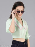 Jakanary Mint Green Stretchable Textured Long collared Contrast Lace Cotton Crop Shirt Tops