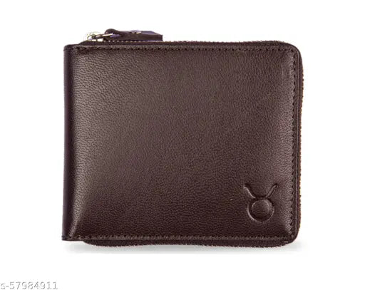 Hide Horn Bi-Fold Brown Leather Men's RFID protected Red RoundZipper Wallet