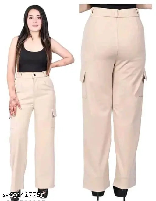 "BARIRA FASHION" Women Premium Cotton Wide Leg 4 Pocket Cargos/Trousers | Relaxed Fit Cargo Pants -Creem