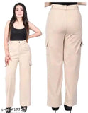 "BARIRA FASHION" Women Premium Cotton Wide Leg 4 Pocket Cargos/Trousers | Relaxed Fit Cargo Pants -Creem