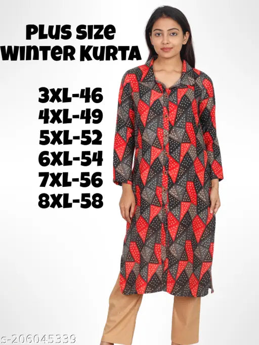 Plus Size Winter Wear Printed Womens kurta/Kurti Full Sleeve Shirt Coller..