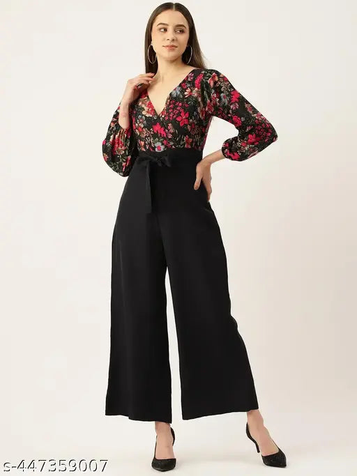 Floral Printed V-Neck Basic Jumpsuit