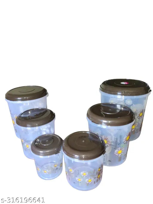 Veksin 6 Pcs Plastic Container set with beautiful design ( 10KG , 7.5KG , 5KG , 2KG , 1KG , 0.5KG Mixer Grocery Container - Brown)