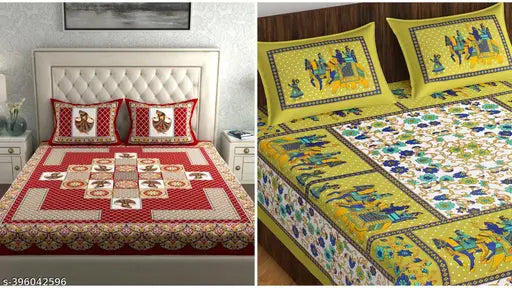 100% Cotton Rajasthani Jaipuri Double bed Size #Bedsheets Set of 1 Double #Bedsheets with 2 Pillow Covers (Multicolour) - 180 TC (Combo of 2 Bedsheet And 4 Pillow Cover