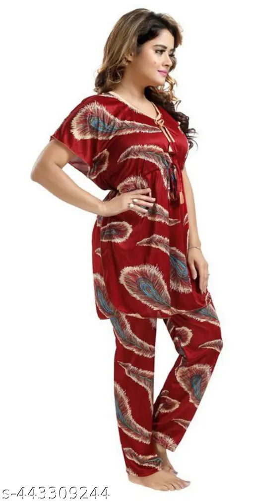 """""Women’s All Over Cross Print Satin Kaftan Night Suit"""""Top Pyjama Set"""""Maroon