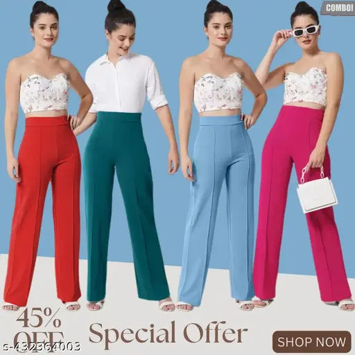 Trendy high-rise bell-bottom With good quality matarial trousers for girls and women combo of 4