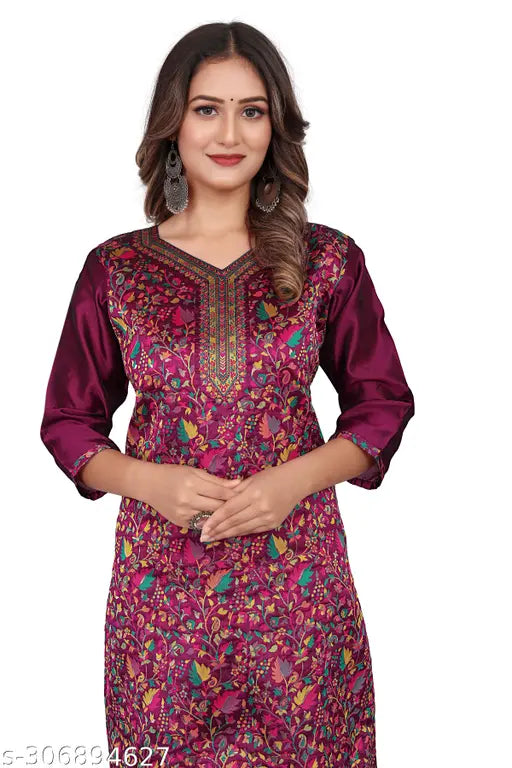 Women's Embroidered Floral Print Pushmina Straight Kurti(Purple)