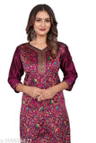 Women's Embroidered Floral Print Pushmina Straight Kurti(Purple)