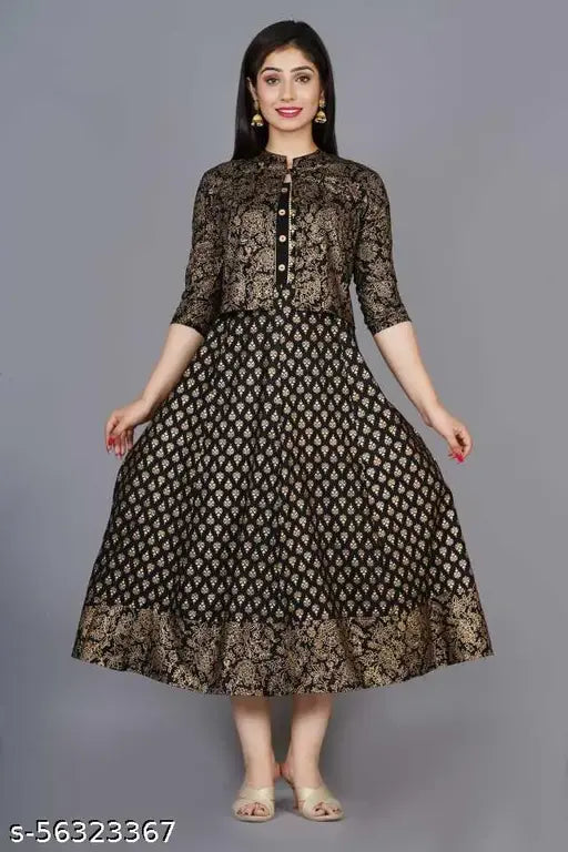 Women Printed Rayon Anarkali Kurti With jacket (Black)