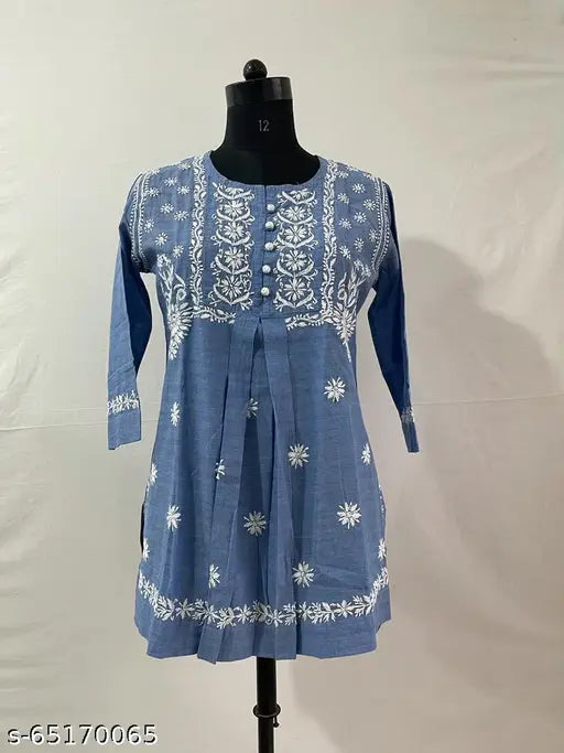 Denim Cotton Top Chikan Hand Embroidery Kurta Kurti For Women