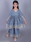 FabJunior Girls Grey Cotton Hand Block print Anarkali/Flared Kurta & Sharara Set