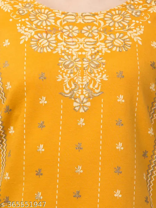 WOOLEN KURTI,PRINTED A-LINE KURTA ,LATEST WOLEN KURTI YELLOW