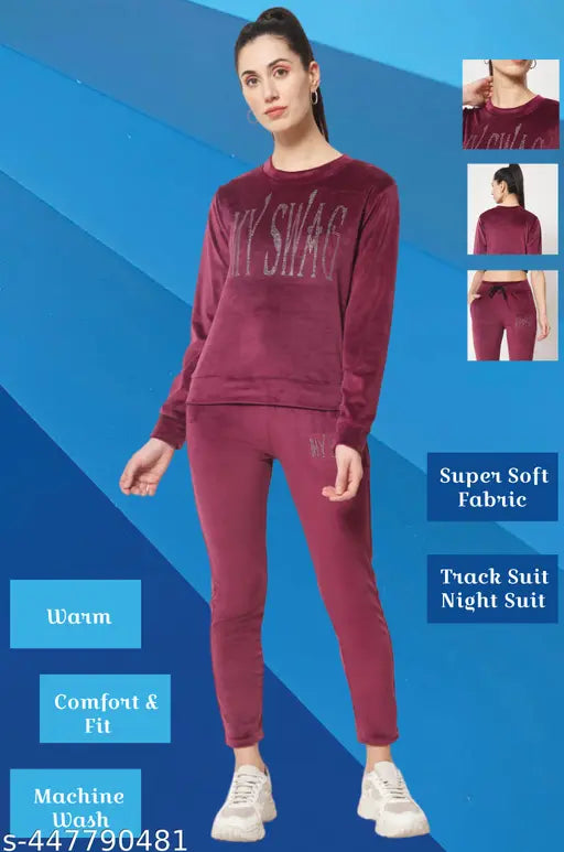 My Swag Women Winter Wine Color Velvet Night Track Suit Set With Sweashirt and Pyjama for Women & Girls