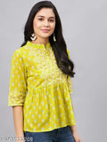 WineRed Women Green Printed Top With Gota Detailing At Yoke, Frock_Top,Kurti_Top