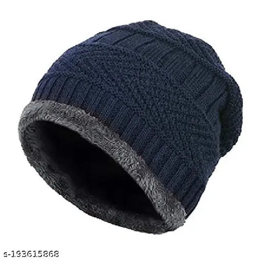 Pollo Loco Fur Wool Unisex Beanie Cap Navy Blue