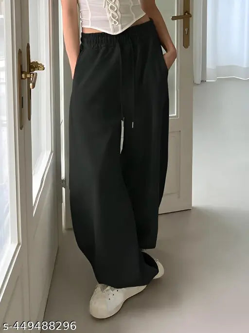 Women Straight Fit Plain Black Jogger With Pockets , Straight Fit Black Pajama