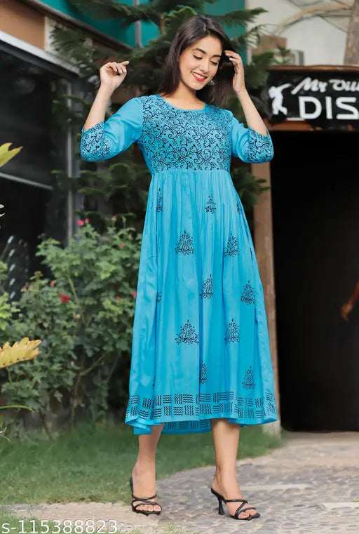 Women Sky blue Rayon Hand Block Print Detail Anarkali Kurti