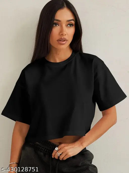 Solid-Half Sleeve Black Color Crop Top T-Shirt Casual Round Neck Drop Down Shoulder Loose Fit Summer Tees for Women's and Girls