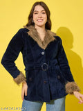 Buynewtrend Navy Velvet Winter Coat Women Jacket With Soft Fur