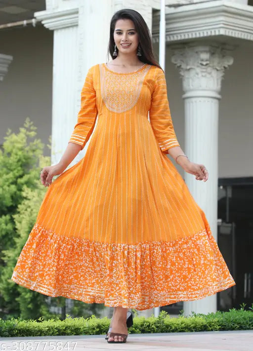 Kushi Design Women's Orange Ethnic Embroidered & Printed Anarkali Kurta