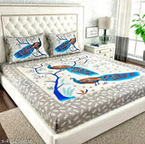 Peacock Print 140 TC Cotton Double Bed Sheet With 2 Pillow Covers