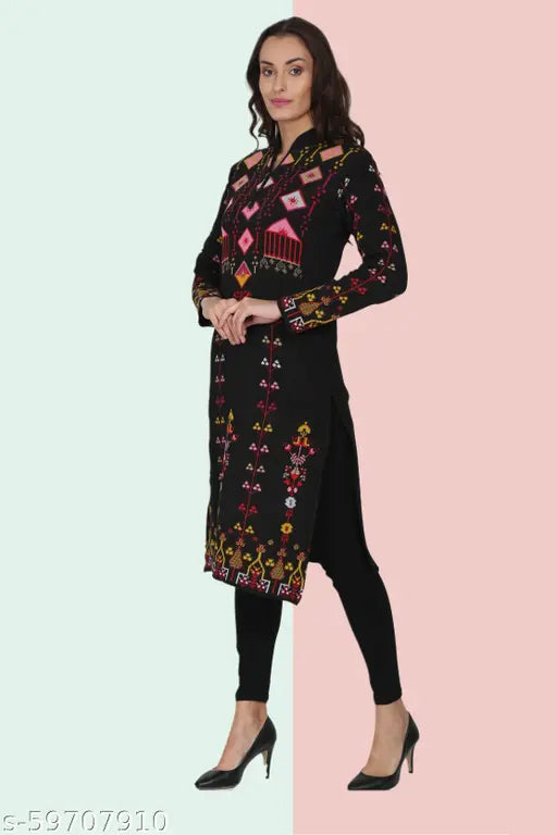 Women's Stylish Fashionable Casaul Wear Solid Straight Kurta A-line Printed Black Woollen Kurti For Women Winter Season