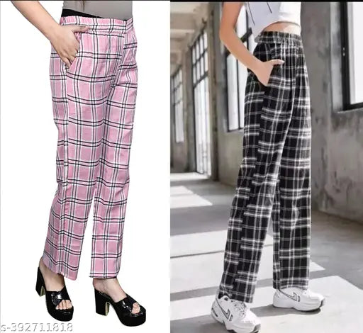 Latest Feminine Women Trouser & Pants Check Pants Check Trouser Pack of 2 Combo Black And Pink