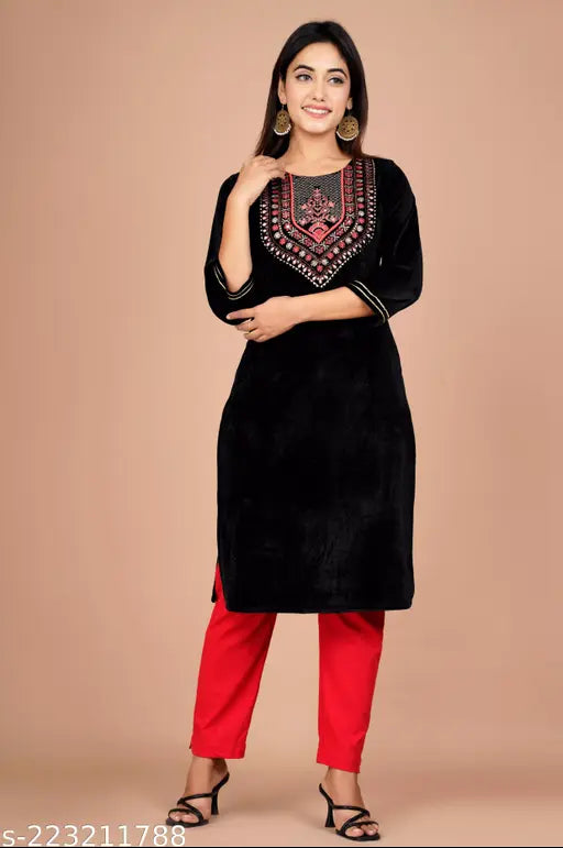 Women Winter Wear Black Ethnic Embroidered Yoke Design Velvet Kurta