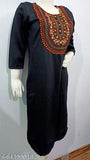 Women's Straight Embroidered Black Woollen Kurti