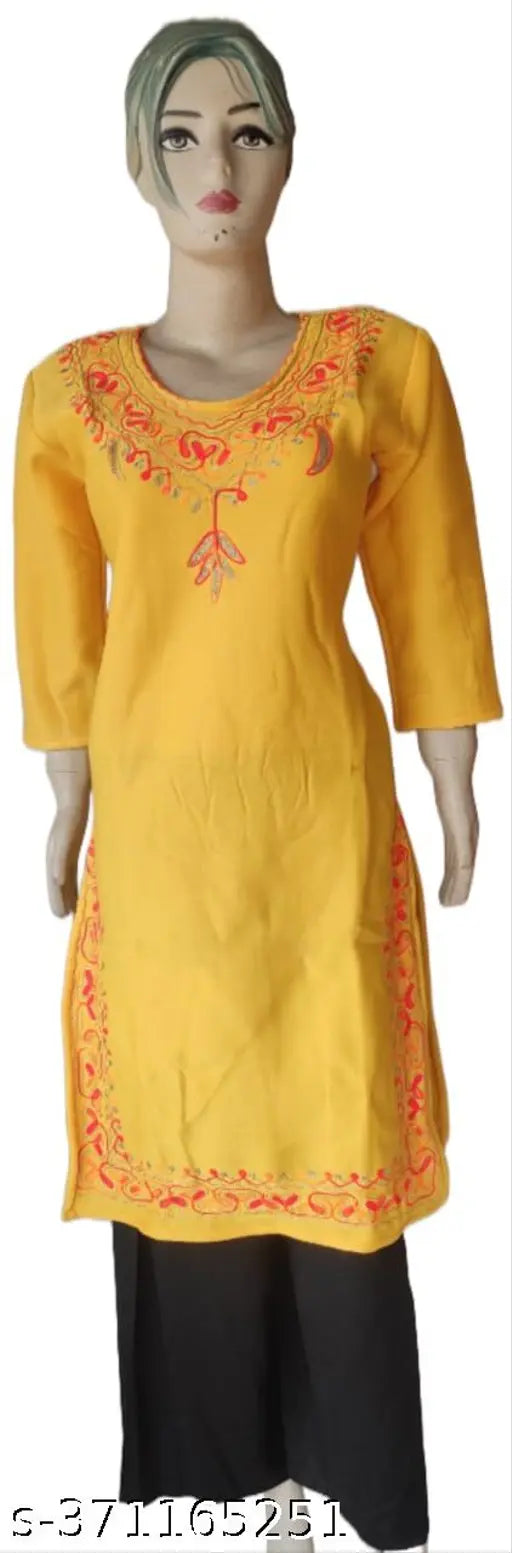 women's woolen kurti in yellow (haldi) colour with jari wool embroidery design on neck ,chaak and border also.