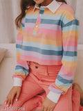 IT'S Sweet tshirt MAGIC RAINBOW STRIPED POLO CROP Top Tshirt Half Button Long Sleeve for Teen Girl and Women Women Regular Sleeves Printed Multicolor crop Top Multicoloured Fitted Crop Top Women's Rainbow Crop Top Multicoloured Tie and Dye Crop Top