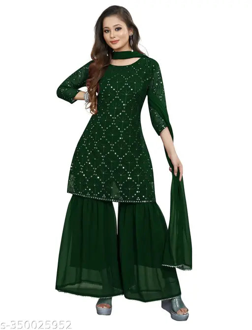 Women's Georgette Embroidery Sharara Salwar Suit Set Stitched Ready to Wear