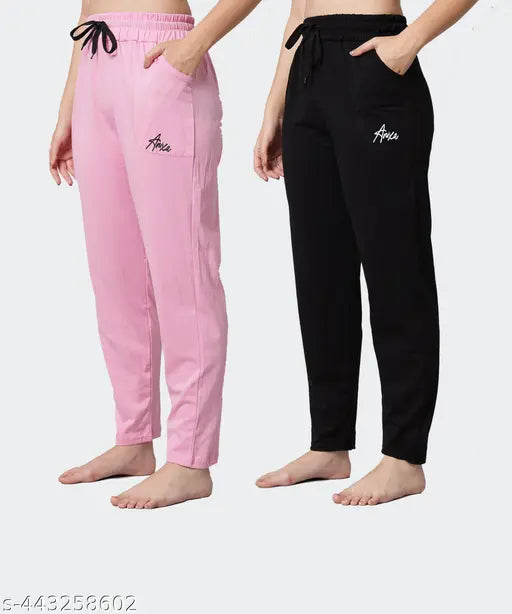 ChicCloset Women's LPink & Black Cotton Plain Pyjama Pack of 2