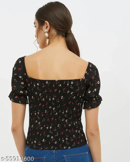 Harpa Black Floral Print Puff Short Sleeve Top