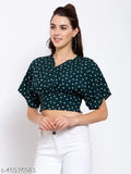 Style Quotient Women Green White Polka Dot Printed Crepe Regular Crop Top