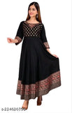 Women Rayon Printed Anarkali Kurti (Black)