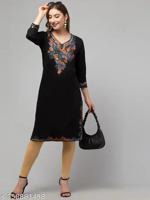 Women's Straight Embroidered Wool Designer Lace Kurti Woolen Kurti for winter Wear woman Lace Kurti embroidery Kurti Aari work winter Wear Kurtis for girls and women Woolen kurti Party Wear kurti for winter wear woman kurti For Lace Embroidery kurti