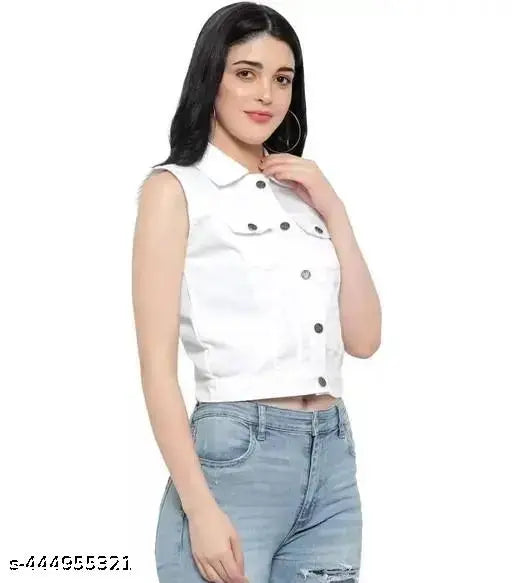 New Classsic Enterprises White Denim Sleevless Collar Neck Women Regular Jacket