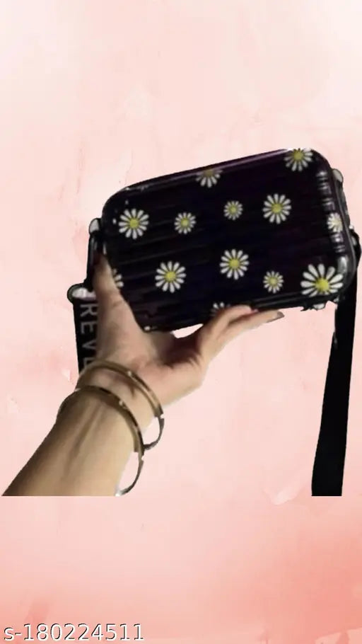 Box sling bag black small floral print cute and classy girly hand held side bag for women and girls square attachy bag