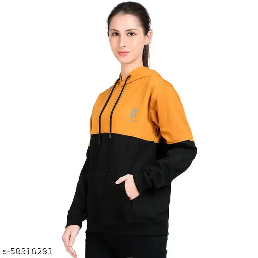 Chanda Khuba Women's Mustard Orange & Black Sweatshirt Full Sleeve Kangaroo Pocket Pullover hoodies - CKHD-G-07-01