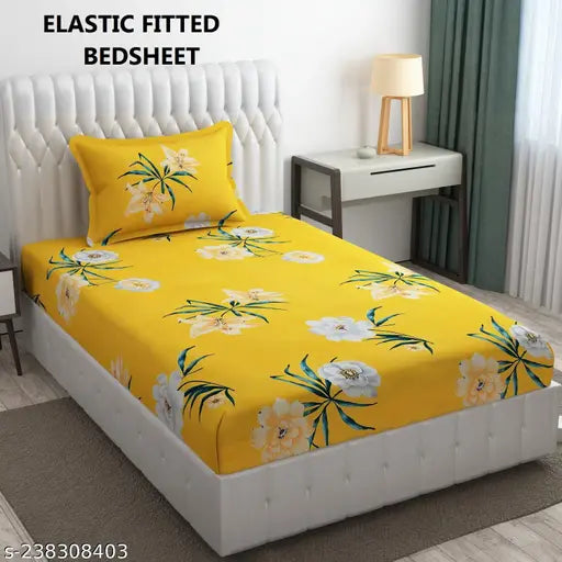 """"Single Bedsheet""""Elastic (Fitted ) Cotton Single Bedsheet With 1 Pillow Covers 72x36x8 Color Yellow Floral""""