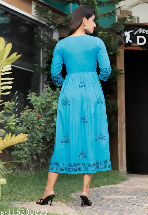 Women Sky blue Rayon Hand Block Print Detail Anarkali Kurti