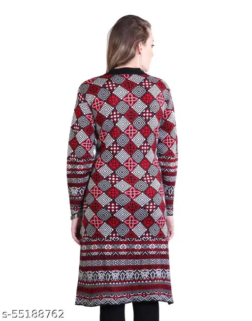 Women's A-line Printed Red Woollen Kurti